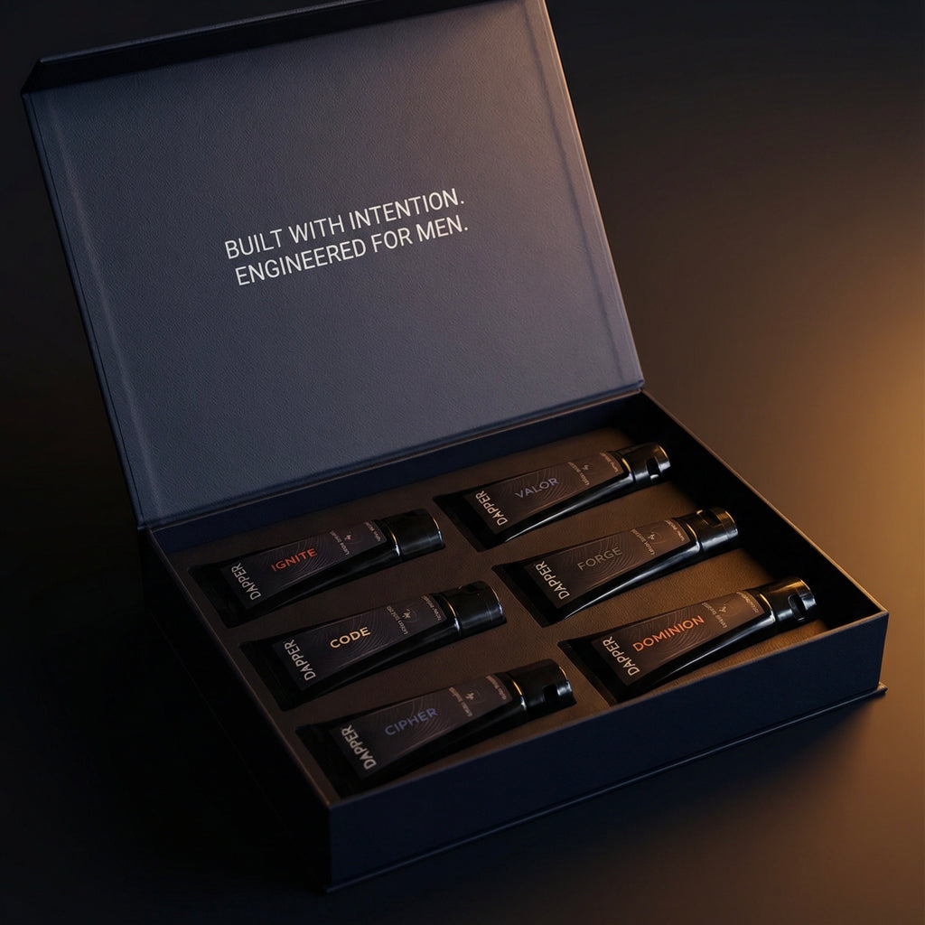 The Discovery Set - Open box showing six signature DAPPER body lotions