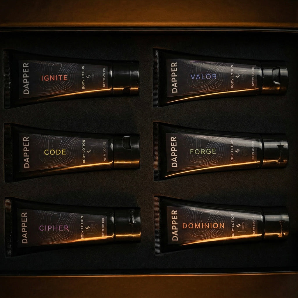 The Discovery Set - Close-up of all six lotions in box