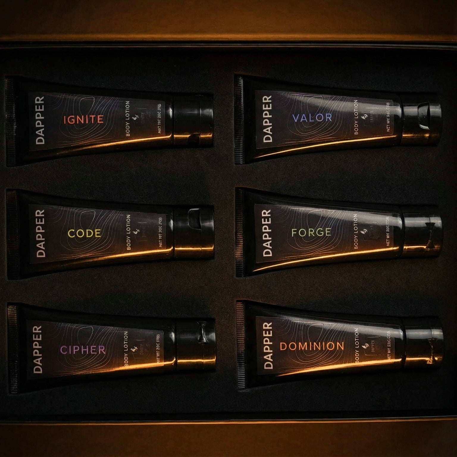 The Discovery Set - Close-up of all six lotions in box